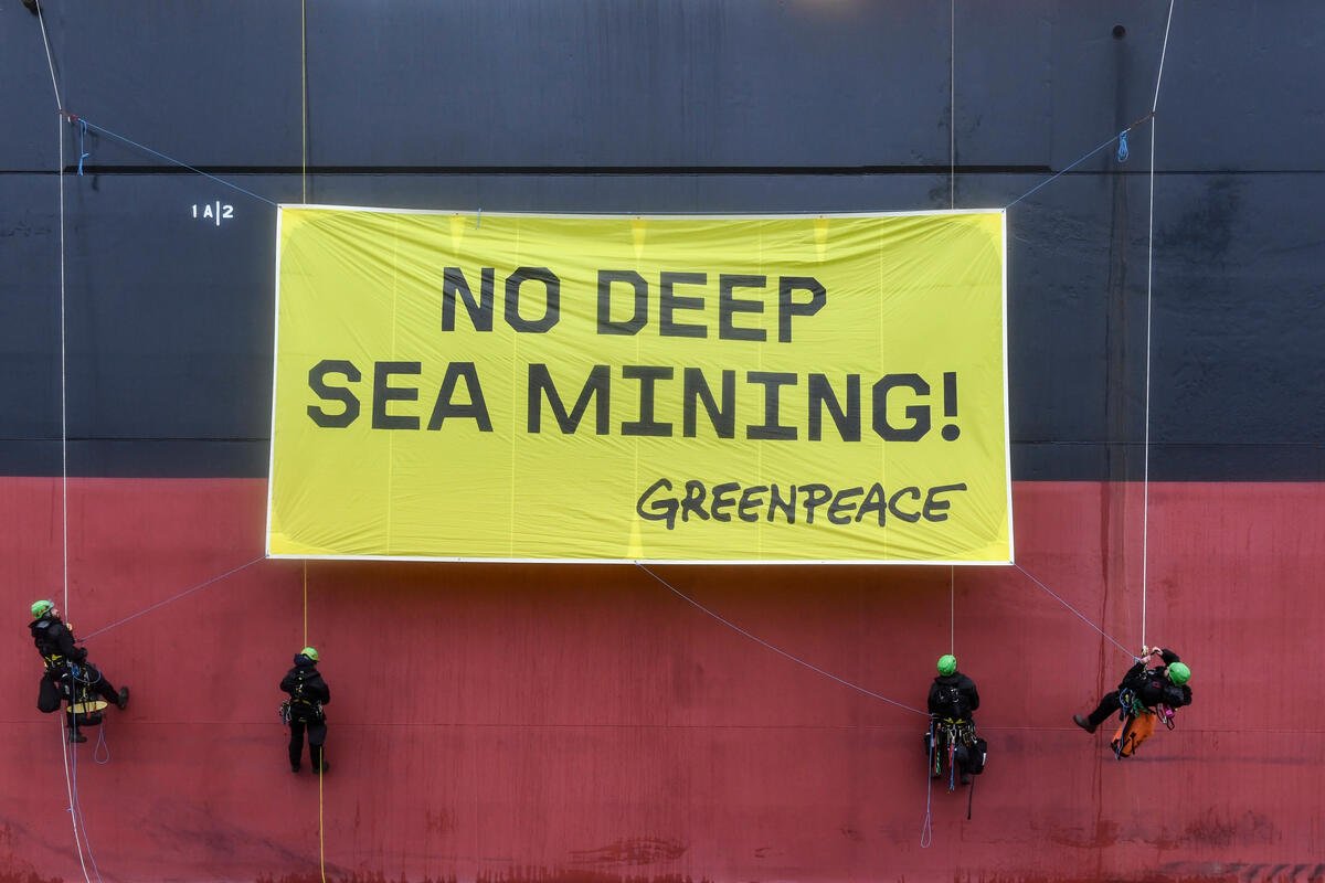 ‘This monster machine is built for profit: nothing else’ – activists scale vast deep sea mining vessel as governments meet to discuss fate of seafloor