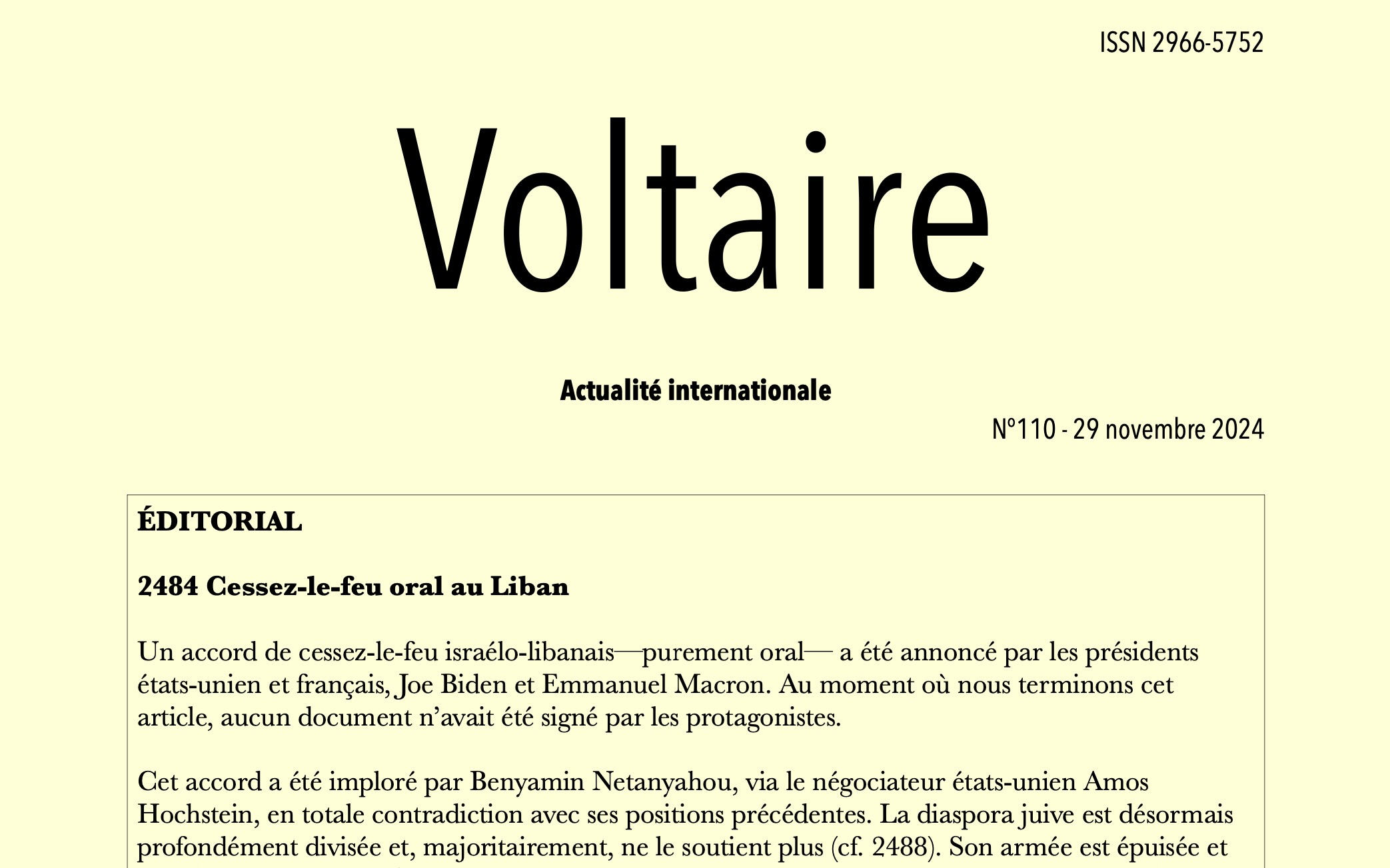 Voltaire, actualité internationale n°110