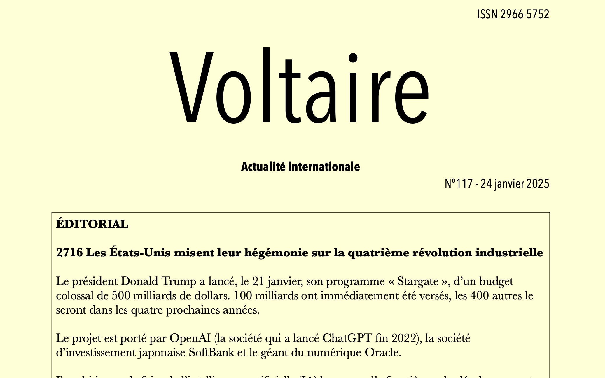 Voltaire, actualité internationale n°117